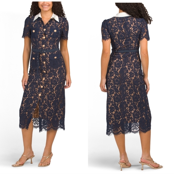 Dalia Macphee navy Blue short Sleeve Contrast Collar Lace Dress -  coffeafoods.com